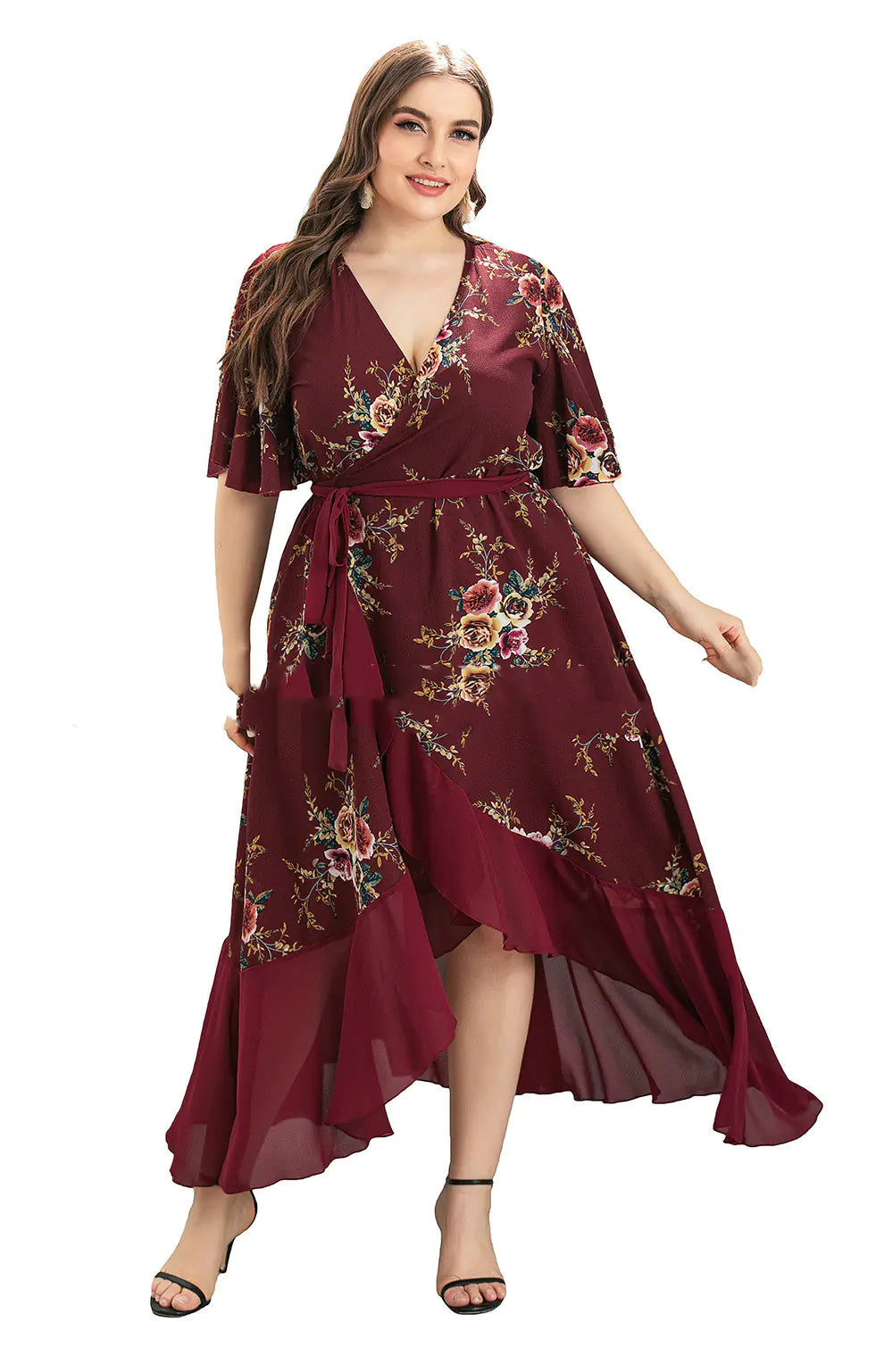 Plus Size Women's V-Neck Dress with Print
