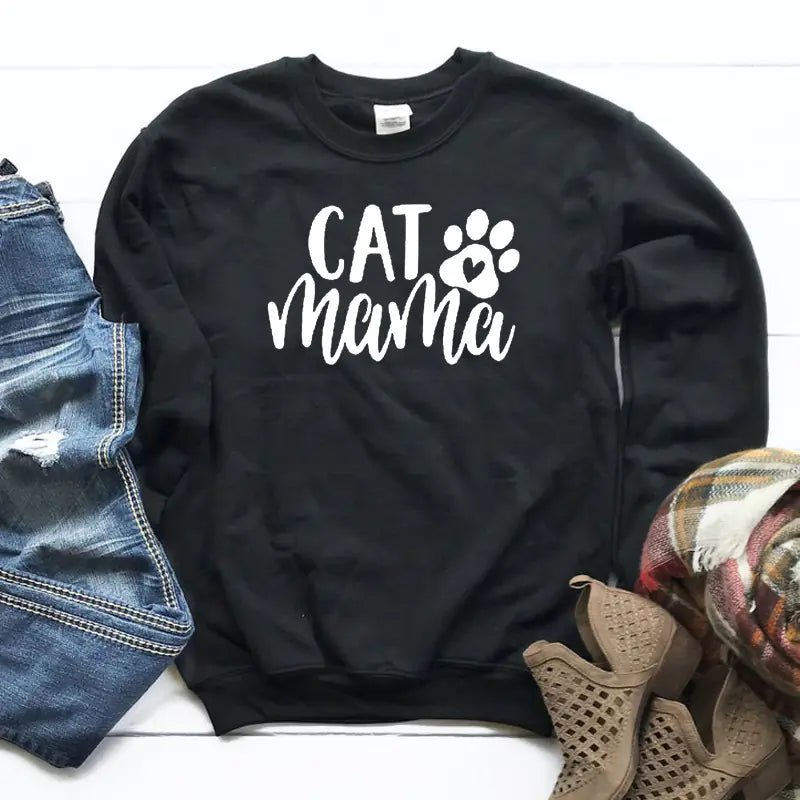 Cotton Crew Neck Sweatshirt with Cat Mama Design
