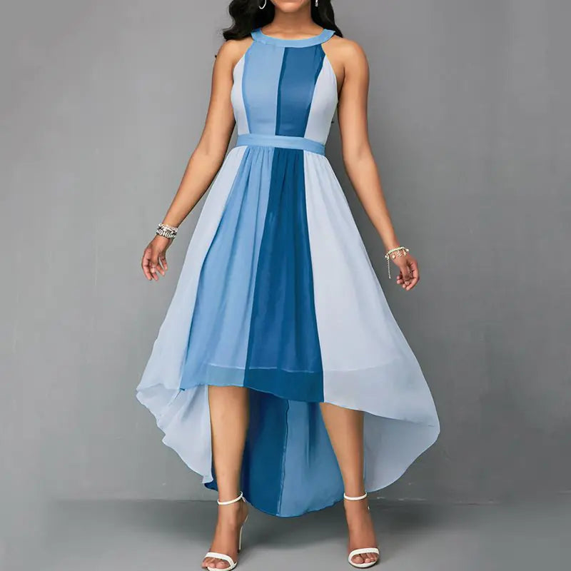 Color Block High-Low Dress with Neck Strap