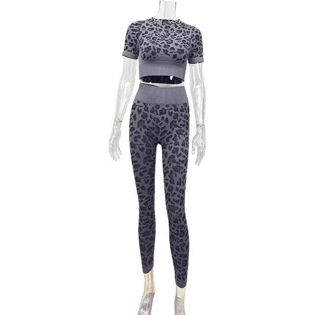 Leopard Print Short-Sleeved Yoga Fitness Suit