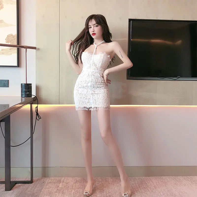 Lace Halter Dress with Fitted Bodycon Skirt