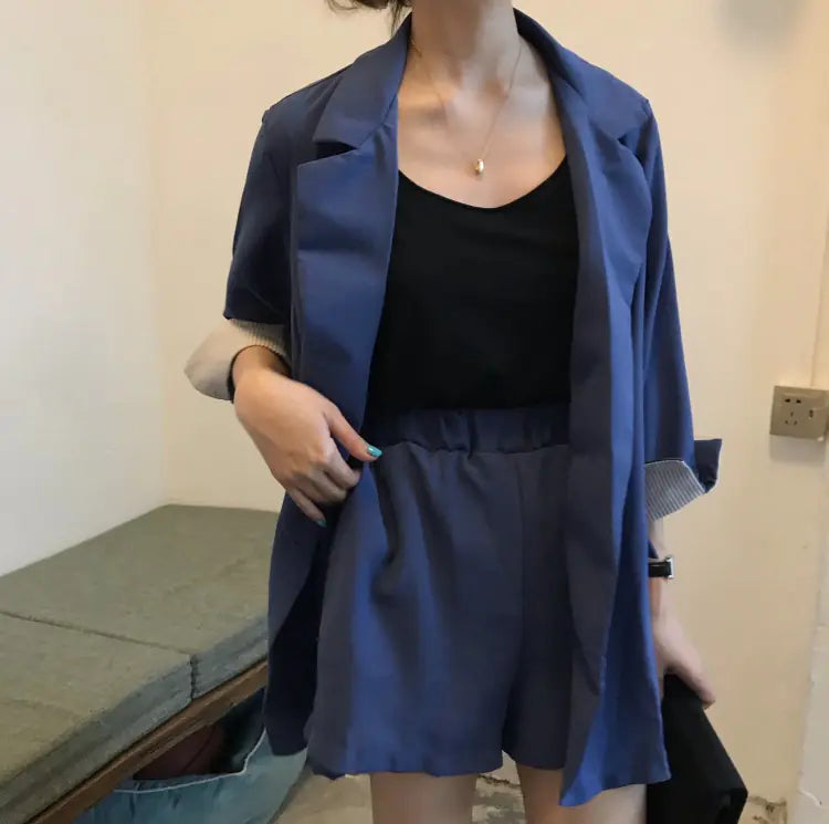 Women's Thin Striped Sleeve Blazer and Shorts Set