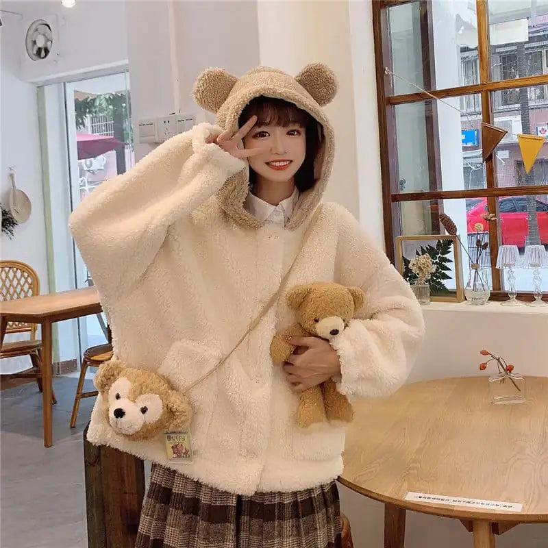 Cute Bear Ear Wool Winter Cardigan for Women