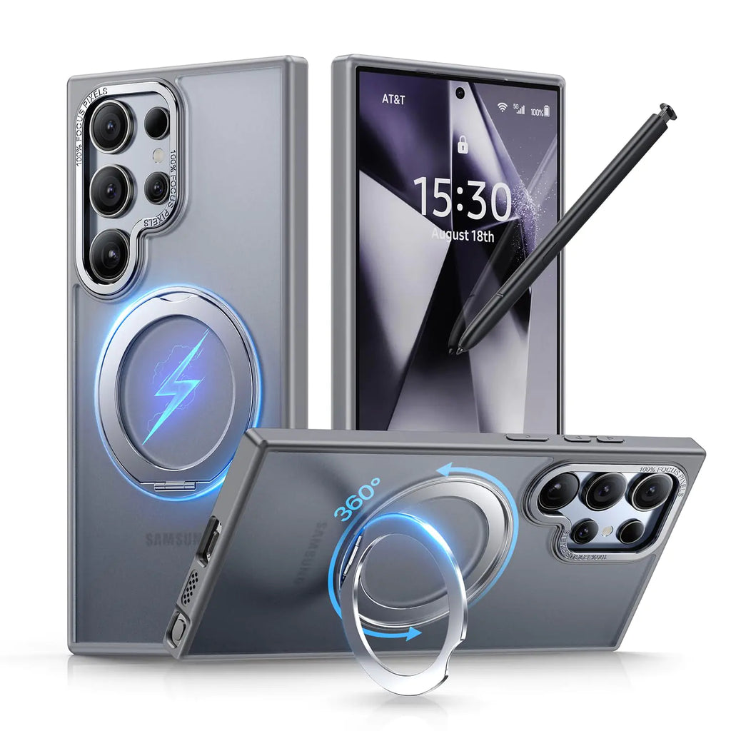 Samsung Galaxy S24 Ultra Case 360° Rotatable Magnetic Ring Stand Case [Military-Grade Protection] [Raised Camera Frame] Case for Samsung Galaxy S24 Ultra Matte Translucent Grey