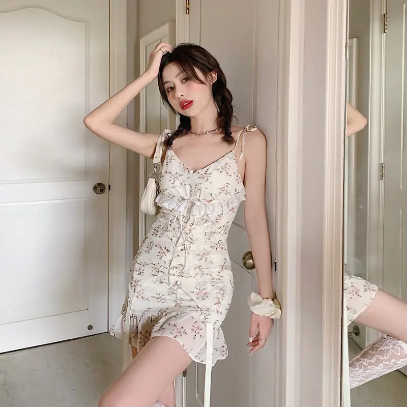 Summer Floral Lace Midi Dress with Mermaid hem