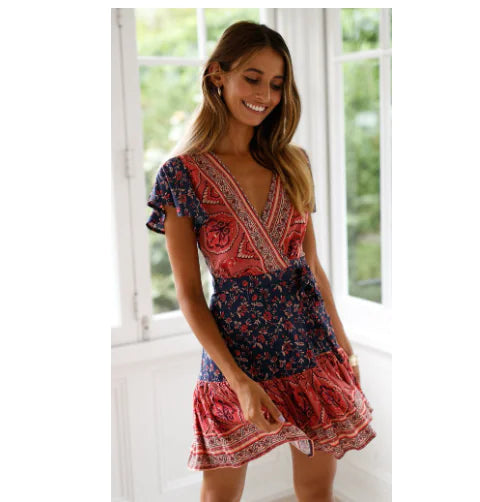 New Spring Summer Bohemian Print V-Neck Dress