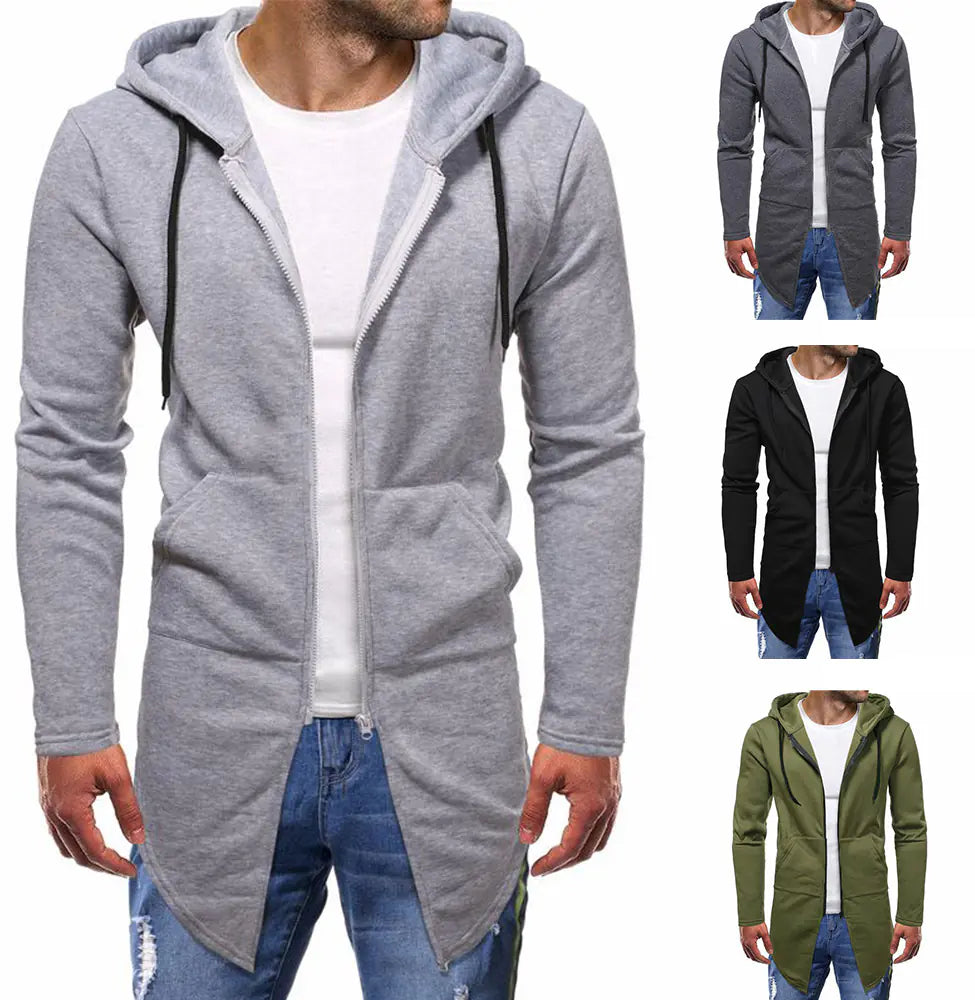 Men's Hooded Sweater Cardigan - Solid Color, Mid Length