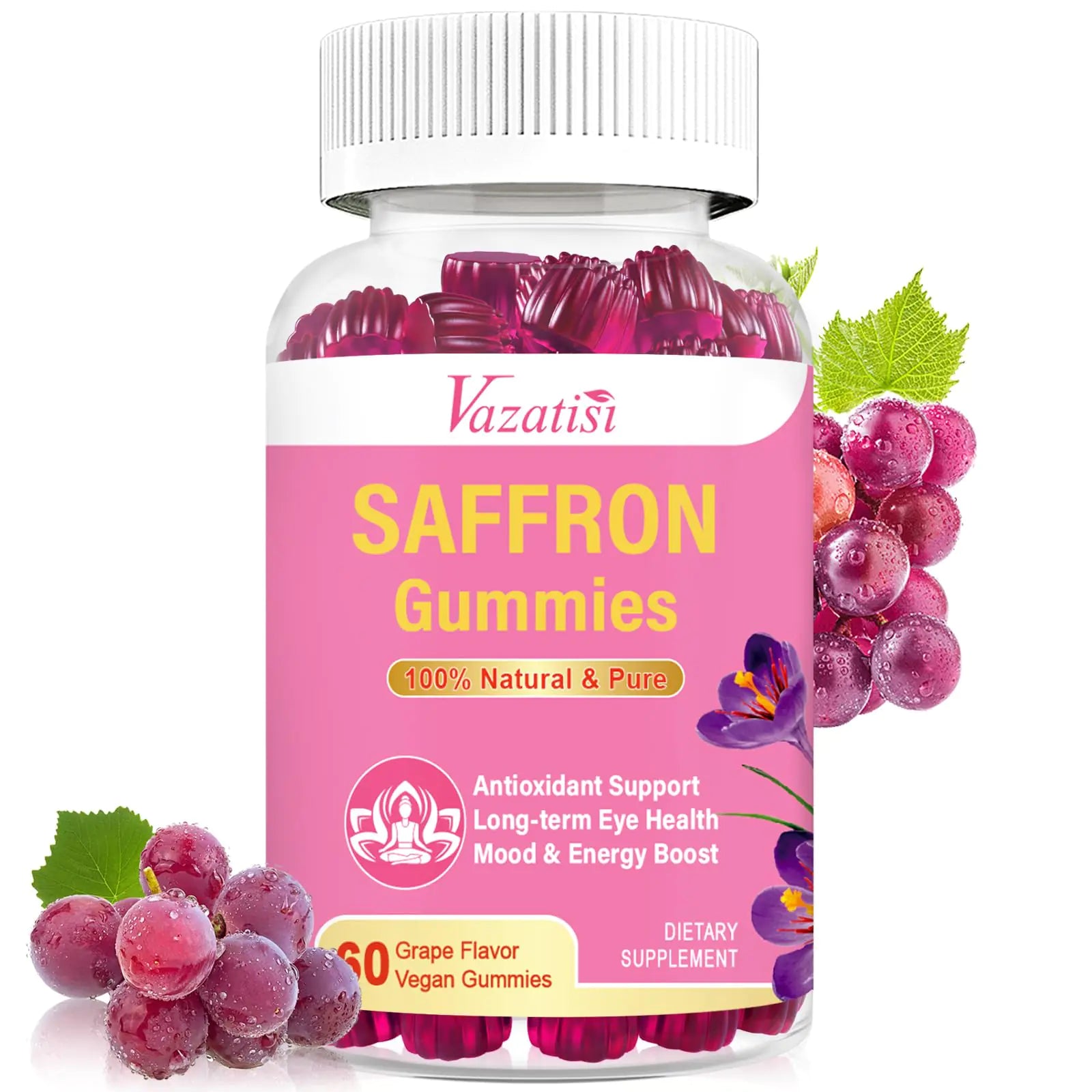 Natural Saffron Gummies - Sugar Free Saffron Supplement with Saffron Extract 100 mg Magnesium GABA Rhodiola - Mood | Focus | Vision | Energy Support - NonGMO Vegan - 60 Gummies 30 Day Supply