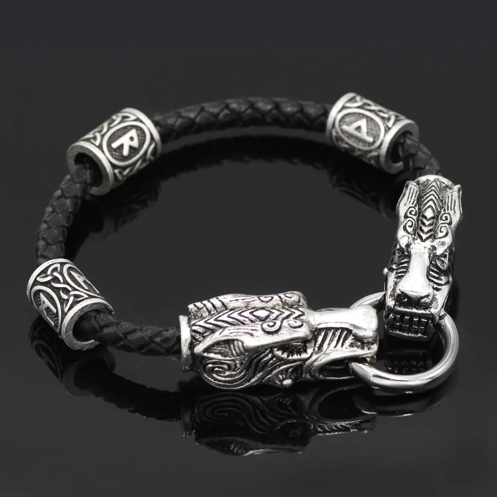 Vintage Viking Dragon Head Leather Bracelet for Men
