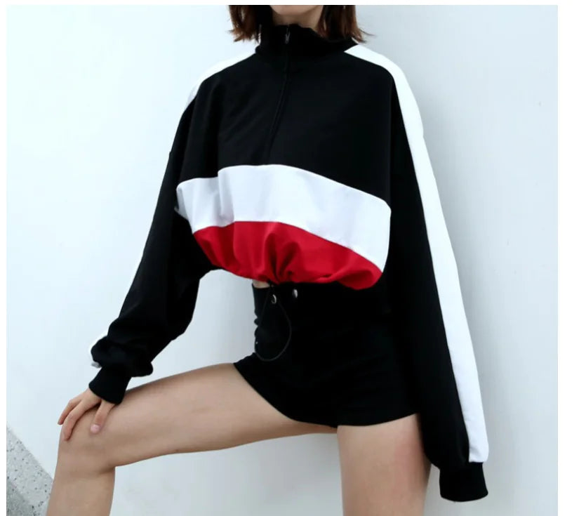 Fashionable Striped Color-Block Cropped Hoodie