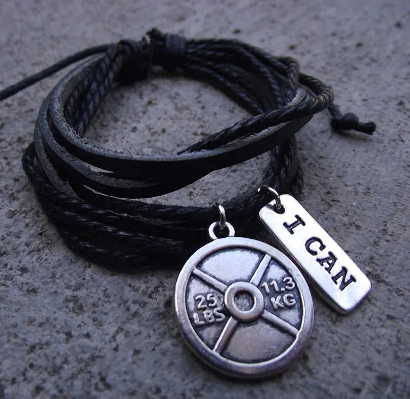 Retro Multi-Layer Leather Bracelet with Dumbbell Charm