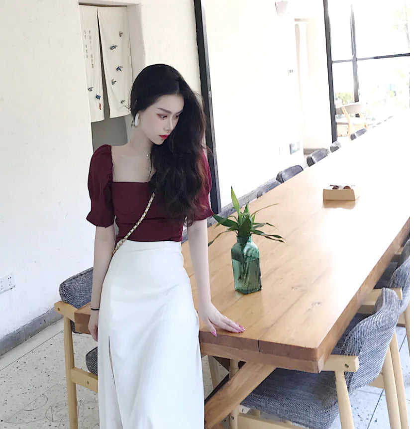 High-Waisted A-Line Skirt with Side Slit and Burgundy Top