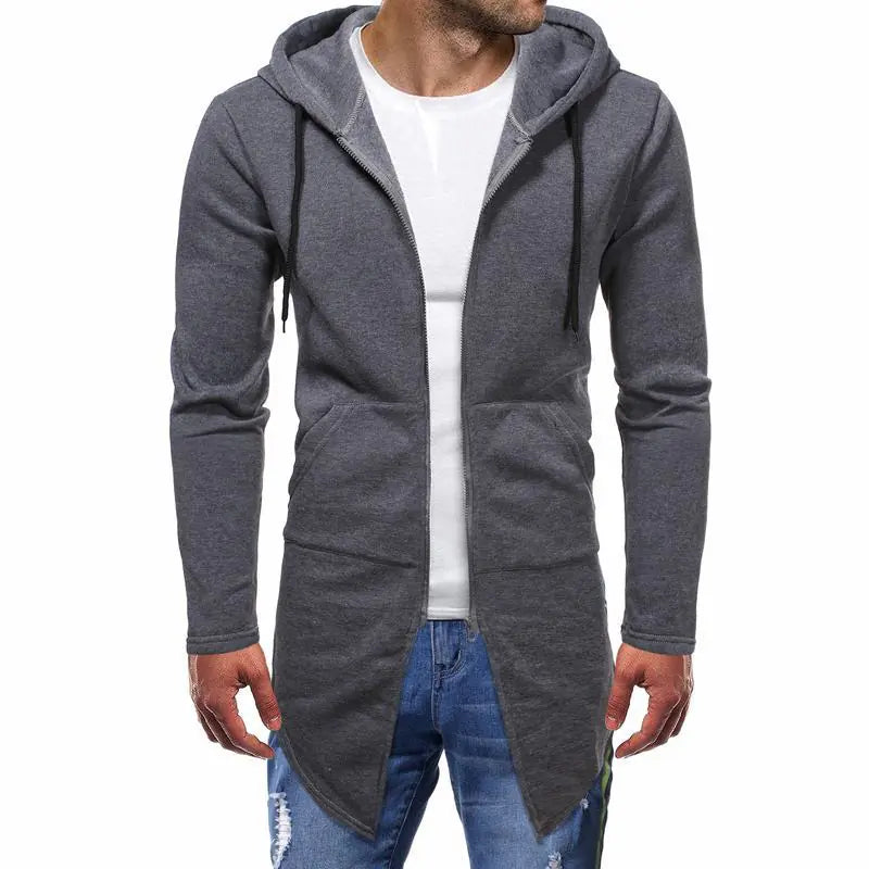 Men's Hooded Sweater Cardigan - Solid Color, Mid Length