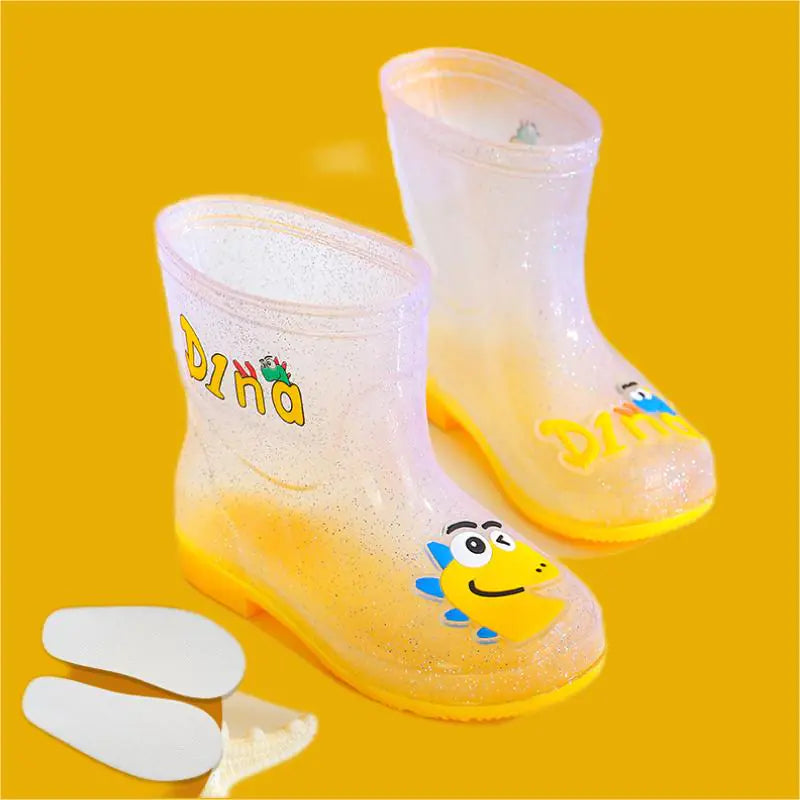 Transparent Dinosaur Rain Boots for Kids with Fleece