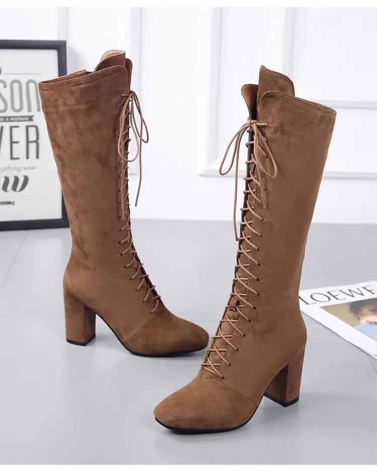 New Brown Mid-Calf High Heel Boots for Women