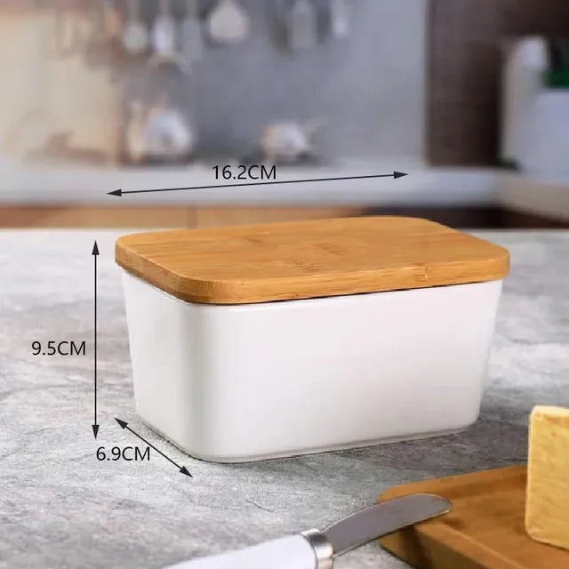 Ceramic Butter Dish with Bamboo Cover and Knife