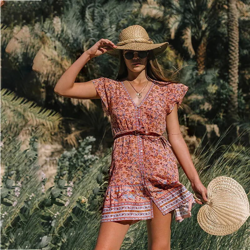 New Spring Summer Bohemian Print V-Neck Dress