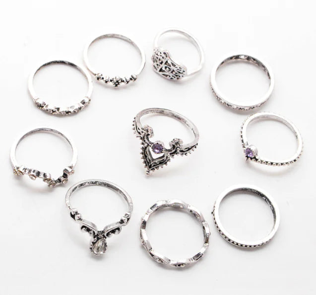 Purple Diamond Ring Set with Crown and Twisted Design (10 Pcs)