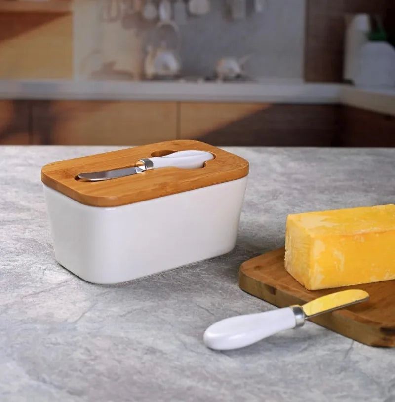Ceramic Butter Dish with Bamboo Cover and Knife
