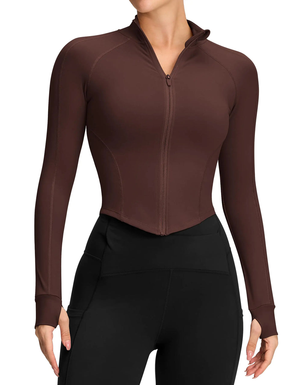 Zip Up Jackets for Women Long Sleeve Workout Tops Lightweight Crop Jacket Yoga Gym Clothes Slim Fitted(Caramel XL)