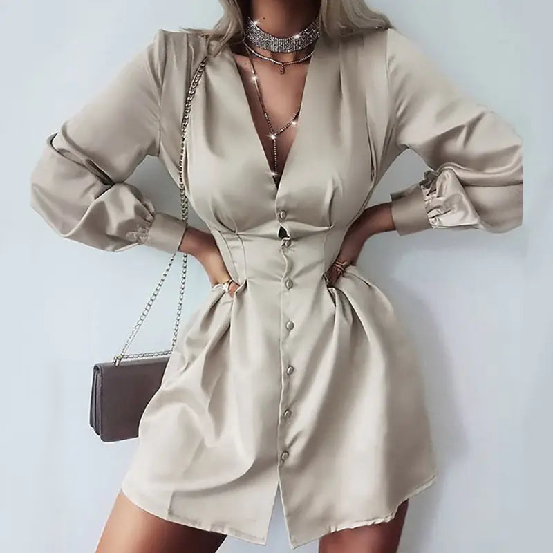 Autumn New Women's Solid Color V-Neck Dress