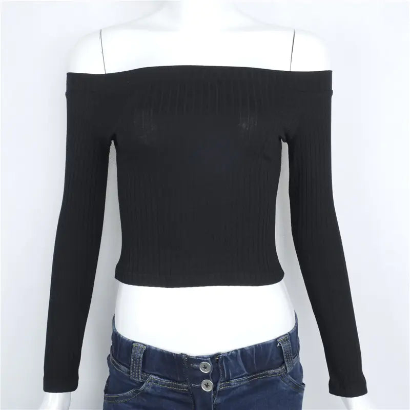 Cross-Border Autumn Women’s Solid Color Off-Shoulder Tee