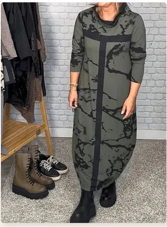 Multicolor Printed Stand Collar Long Sleeve Dress