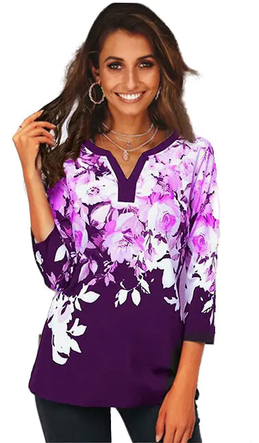 European Women's T-Shirt, V-Neck Printed Top