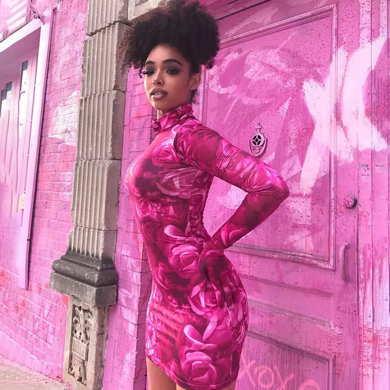 Women’s Printed Long Sleeve Dress with Gloves and Fitted Design