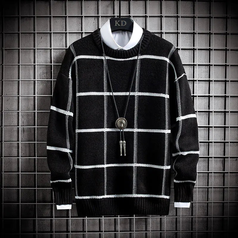 Men's Thick Knit Sweater - Casual Long Sleeve Plaid