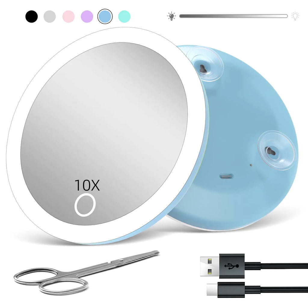 Travel Magnifying Mirror with Light 10X 4inch Rechargeable Lighted Magnified Mirror with Suction Cups Small Magnifying Mirror 10x High Magnification Compact Pocket Makeup Mirror with Scissors