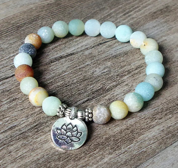 Stone Bead Yoga Lotus Bracelet with Chain Pendant