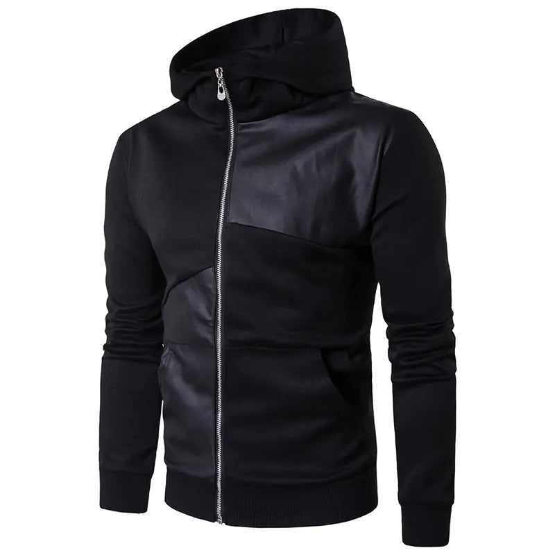 Men's Spring Autumn Hooded Jacket with Faux Leather