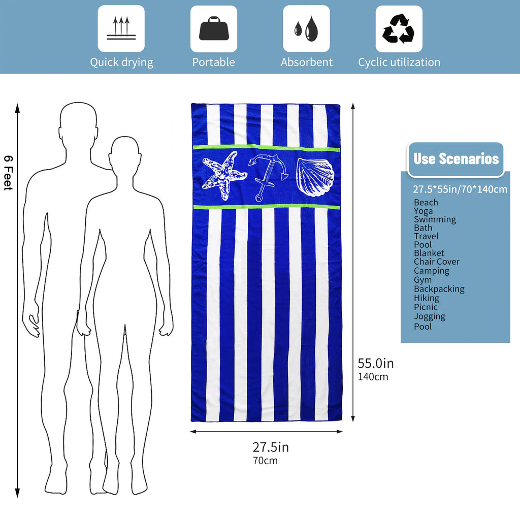 Blue and White Striped Stars Quick-Drying Beach Towel