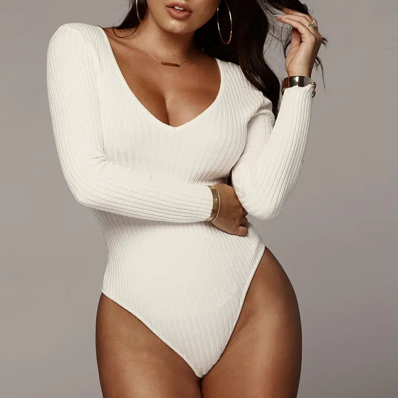 V-Neck Long Sleeve Ribbed Jumpsuit for Women