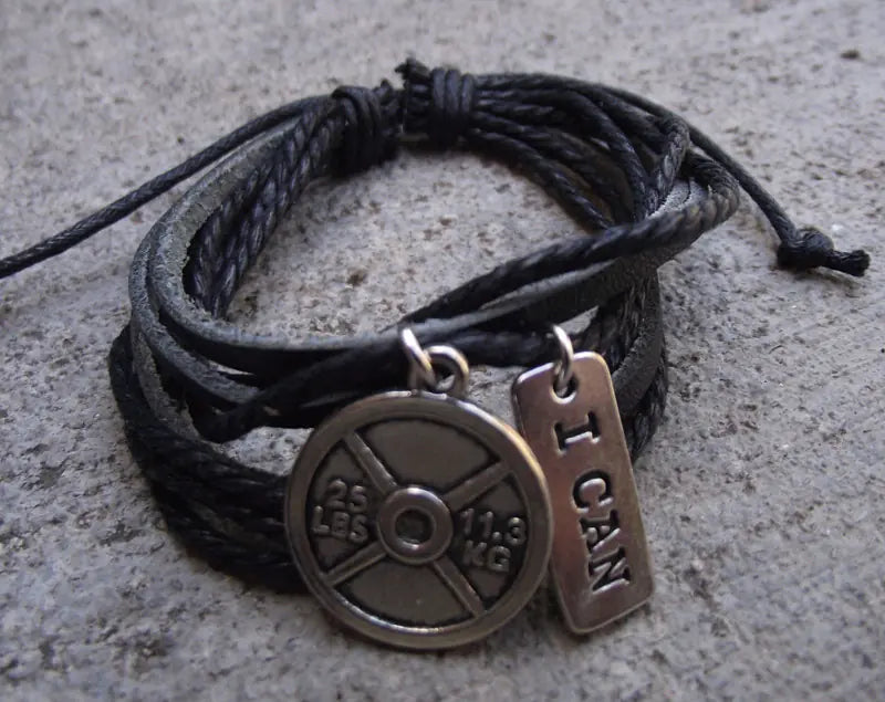 Retro Multi-Layer Leather Bracelet with Dumbbell Charm