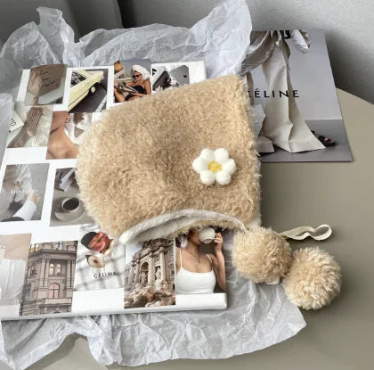 Small Flower Plush Lei Feng Hat for Kids' Warmth
