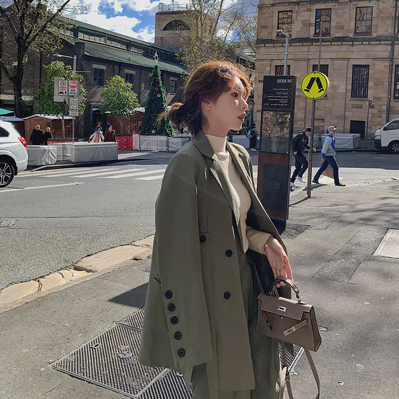 Women's Suit Set with Wide-Leg Pants and Sash