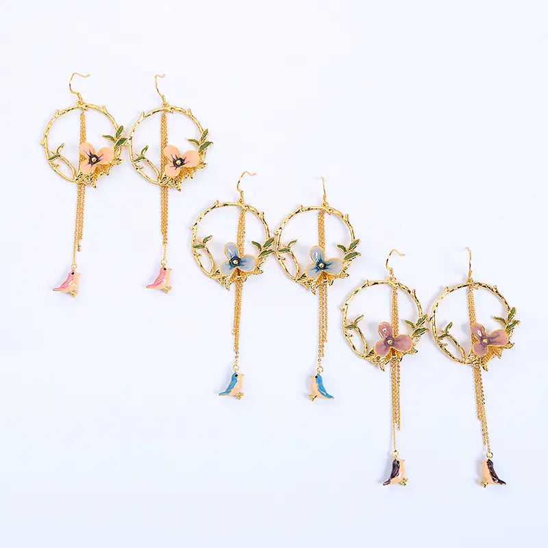 Vintage Flower and Bird Long Dangle Earrings for Women