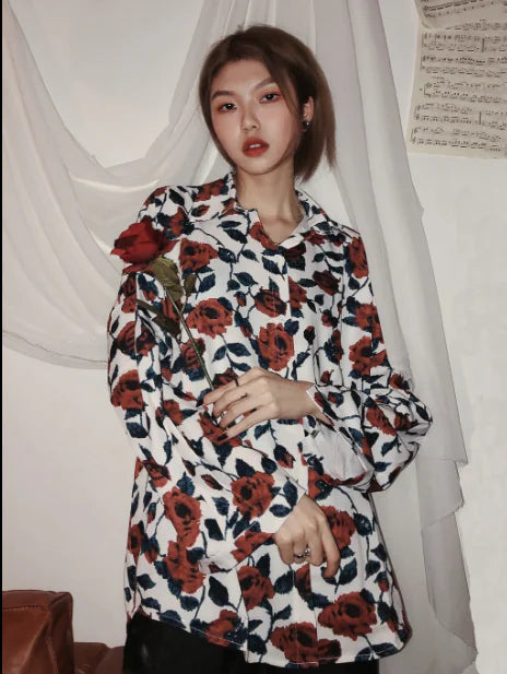 White Rose Vintage Loose Long Sleeve Shirt for Women