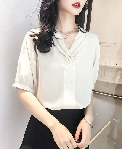 Chiffon V-Neck Long Sleeve Shirt for Women
