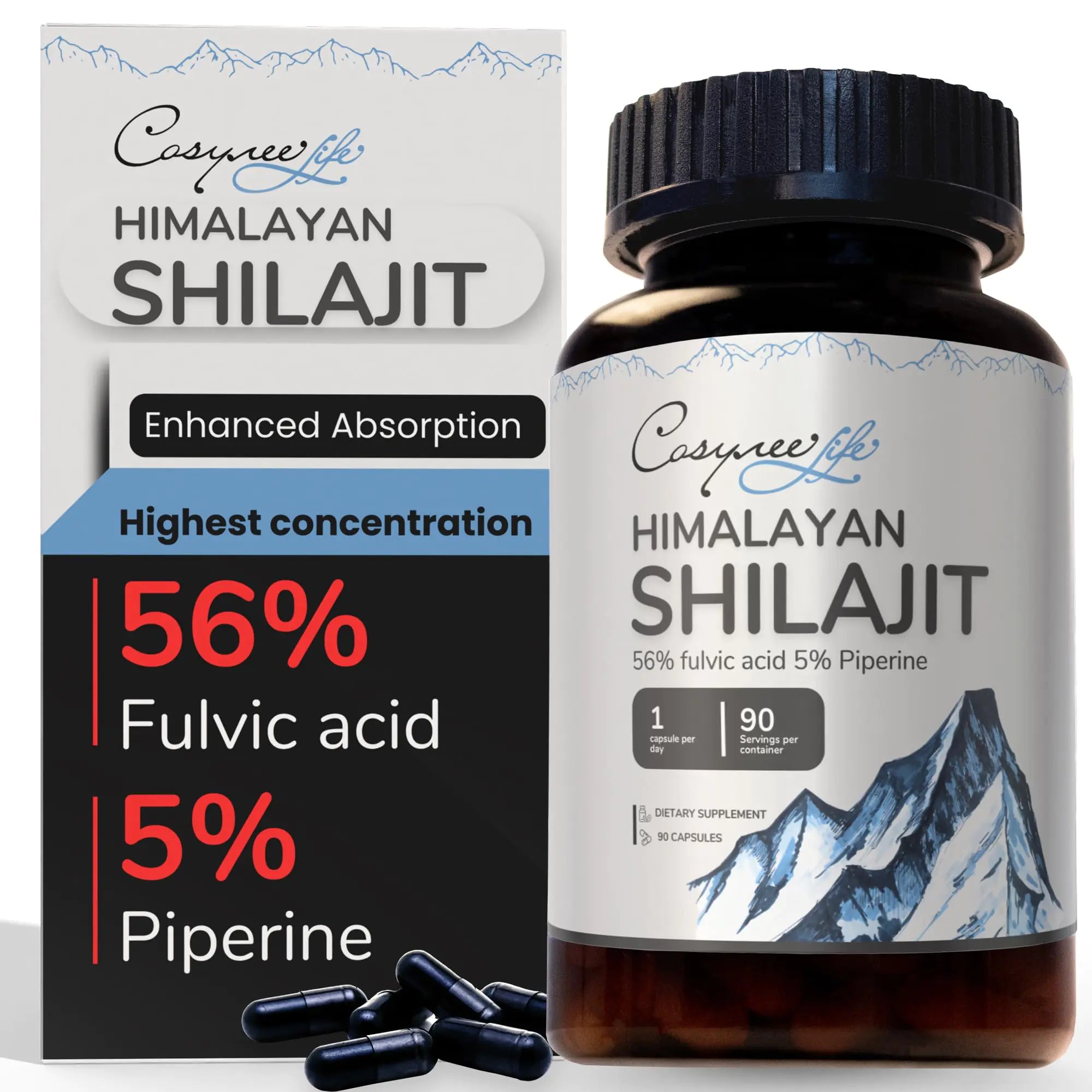 Shilajit Himalayan Capsules Made with Pure and Organic Shilajit Powder | Nature Source of 56% Fulvic Acid and 5% Piperine | Energy Support | 90 Capsules