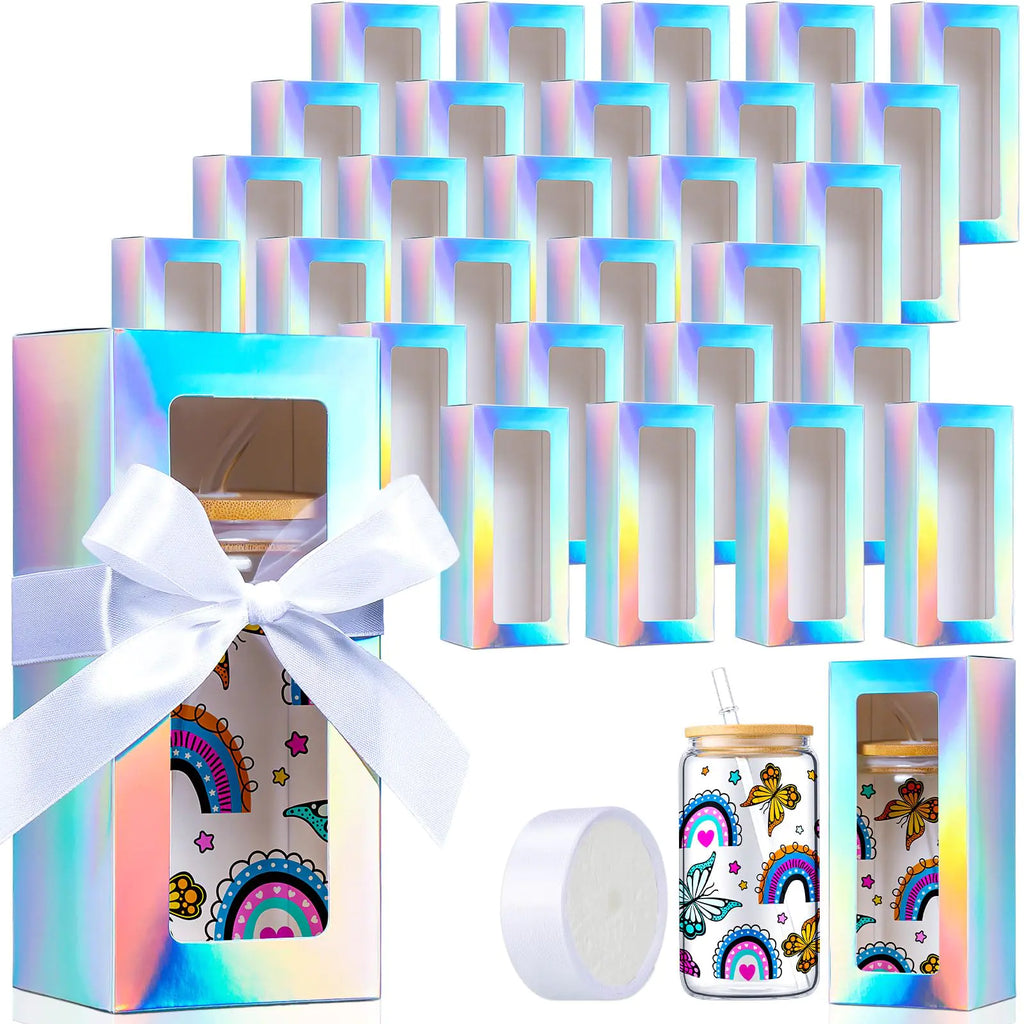 FillTouch 60 Pcs Gift Boxes with Ribbon for Sublimation Glass Exhibition Boxes Transparent Gift Box for 12oz 16oz 20oz Drinking Glasses Jar Sublimation Glass Can Blank Tumbler Gift Box (White)