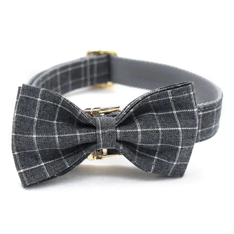 Grey Plaid Dog Collar with Golden Metal Button