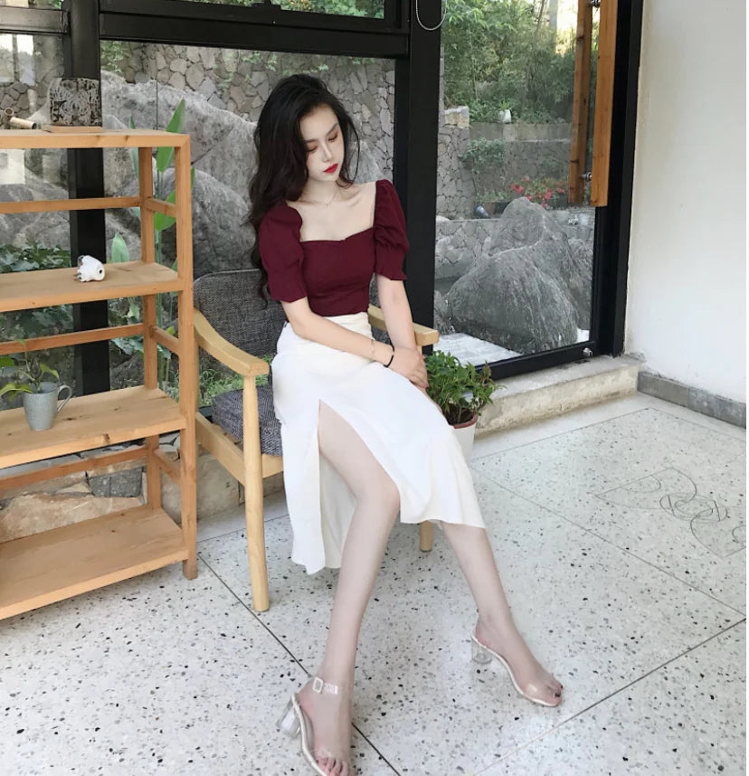 High-Waisted A-Line Skirt with Side Slit and Burgundy Top