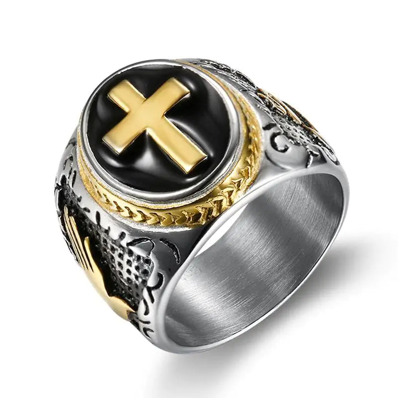Titanium Steel Men's Cross Ring with Black Resin Design