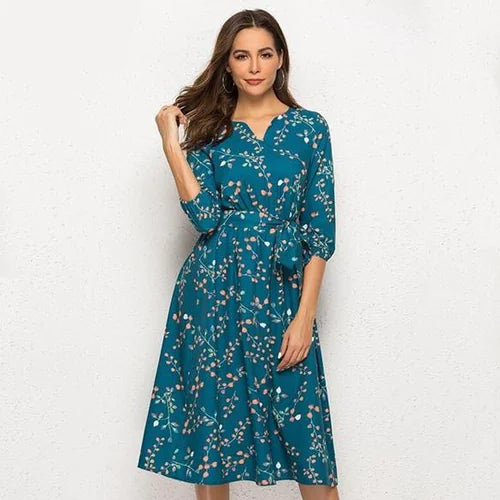 Spring Summer Women's V-Neck A-Line Floral Dress