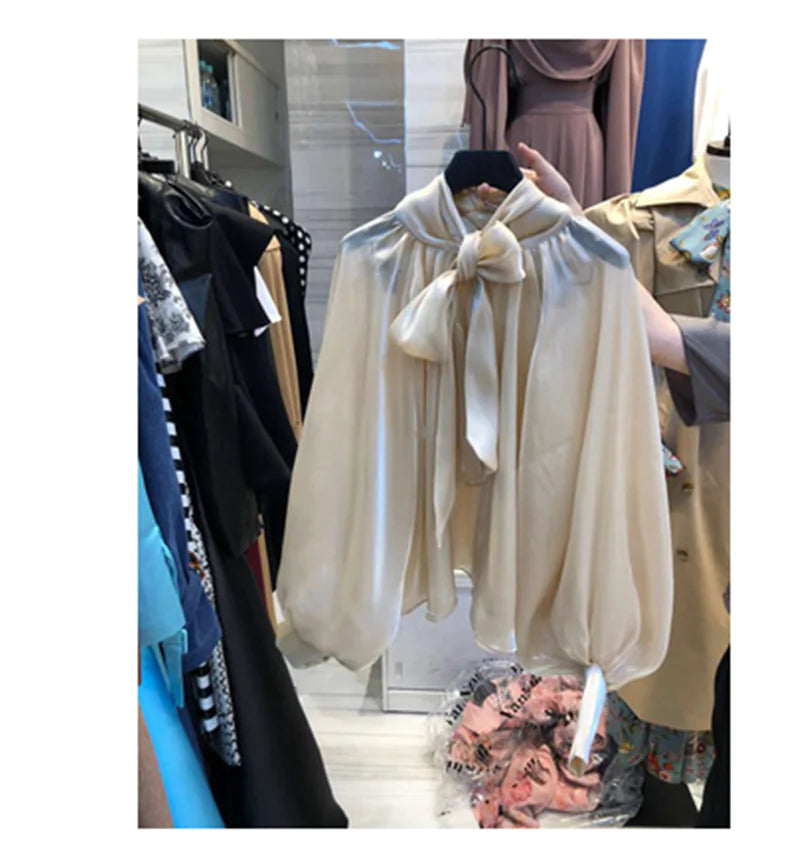 Lace Solid Color Ladies Lantern Sleeve Blouse