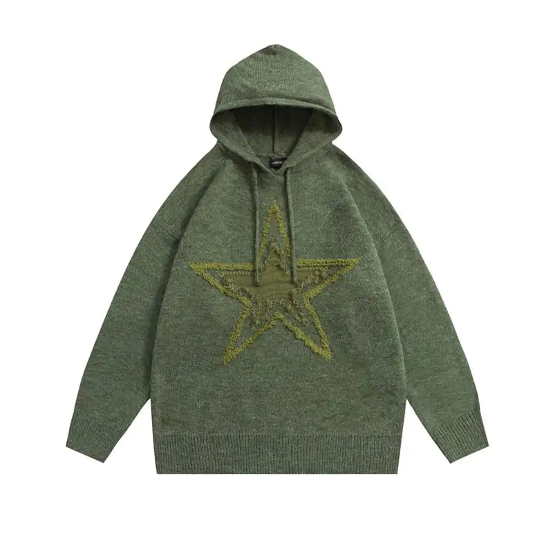 Hooded Knit Sweater with Star Jacquard Design