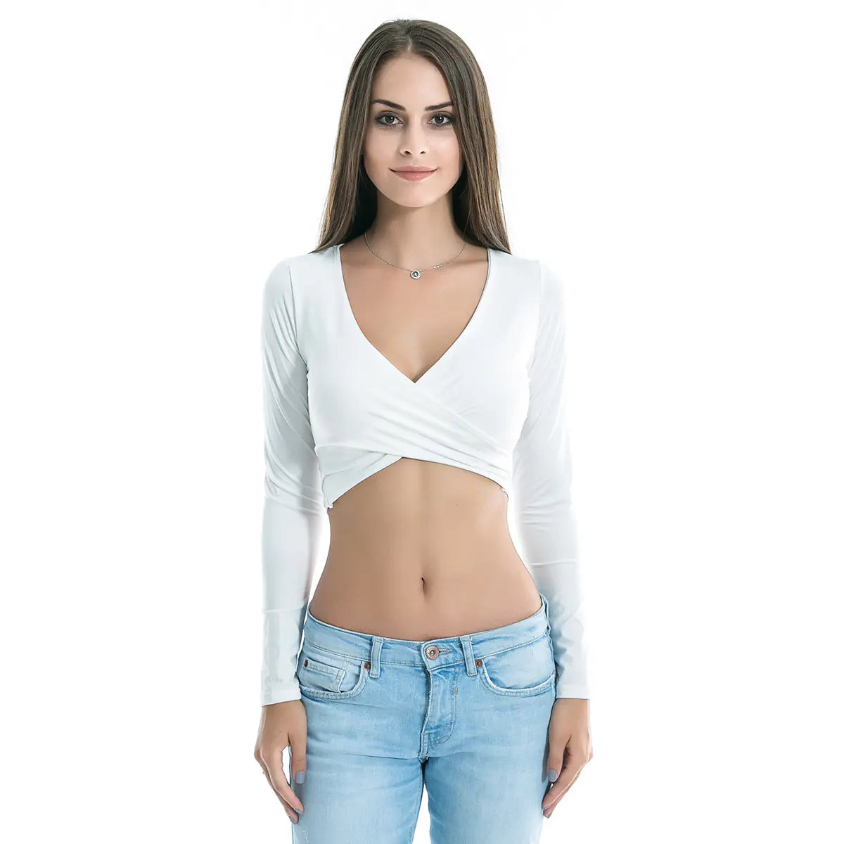 Autumn Winter Women's Long Sleeve Crop Top with V-Neck